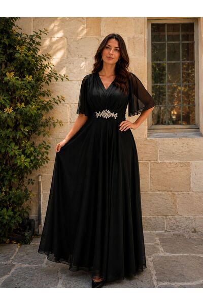 HİRAMİR Kadın Büyük Beden Siyah Taş Kemer Detaylı Maxi Boy Abiye Elbise YZ2740