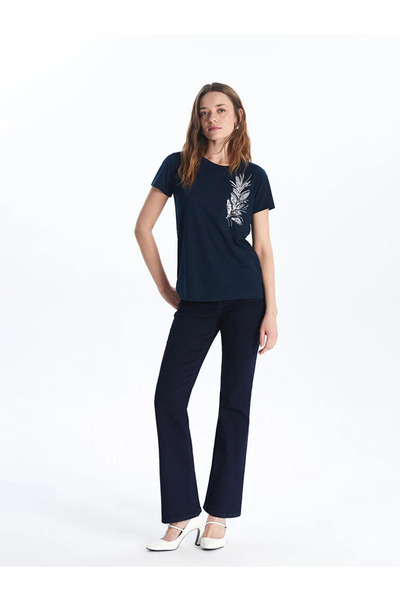 LC Waikiki Navy Blue Crew Neck Sequin Embroidered Women's T-Shirt
