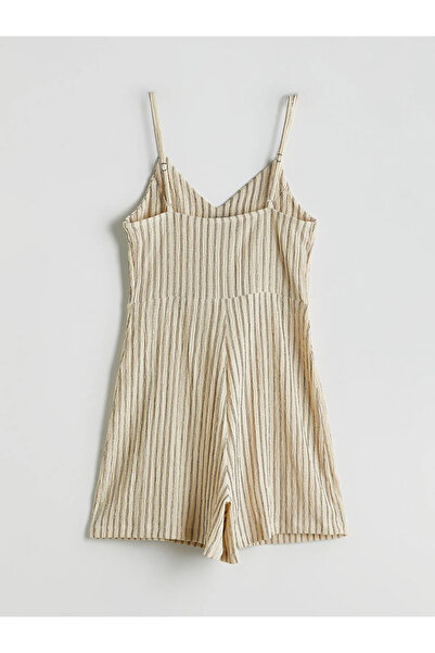 LC Waikiki Beige V-Neck Striped Jumpsuit