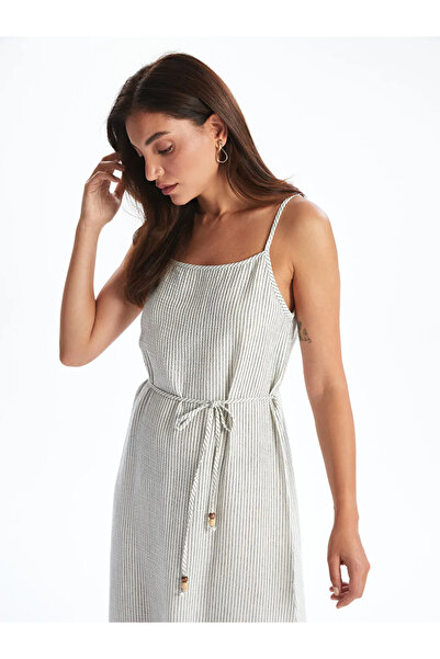 LC Waikiki White U-Neck Striped Dress with Rope Straps and Belt