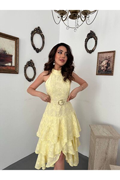 Julidress Embroidered Belt Detailed Layered Flounce Premium Cotton Dress