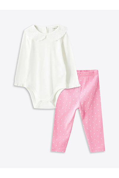 LC Waikiki Ecru Baby Girl Snap-On Bodysuit and Sweatpants 2-Piece Set