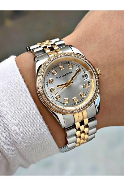 Navimarine Special Design Calendar Silver-Gold Color Steel Cord Women Wrist W...