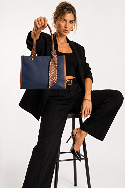 NEVERMİND Glanzia Celeste Navy Tote Navy Blue Women's Shoulder Bag Large Size...