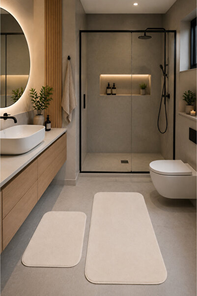 Nessa Krem Kaymaz Tabanlı Şık Leke Tutmaz Yumuşak Dokulu Modern Banyo Paspası Seti