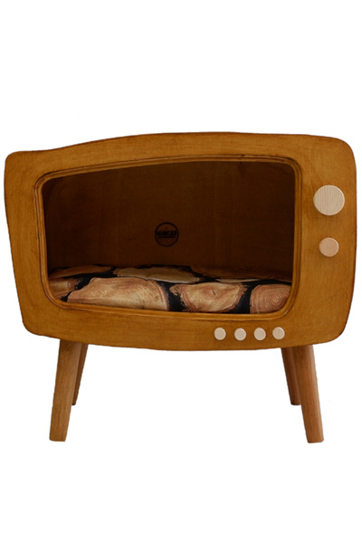 huncar Retro Televizyon Şeklinde El Yapımı Ahşap Kedi Evi