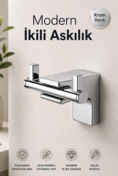 Badem10 İkili Askılık Krom Duvara Monte Metal Çiftli Askı Banyo Mutfak Havlu ...
