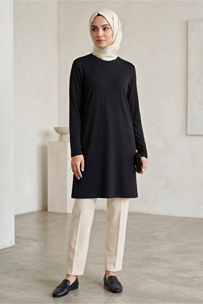 TOFİSA Plain Viscose Long Sleeve Tunic Black - 2109-Black