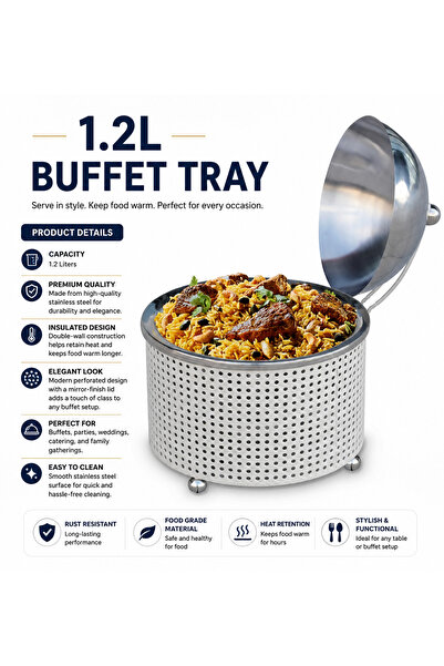 Baytix HOME 1.2L Buffet Tray Stainless Steel Insulated Rice Bucket with Lid, ...