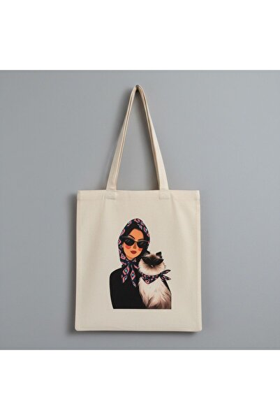 MAHZEN VI Women's and Cat Printed Tote Bag with Shawl Detail
