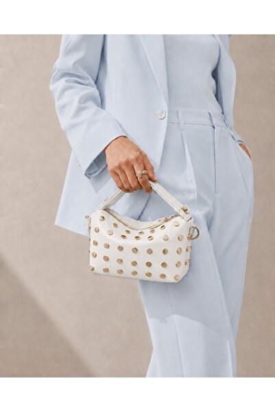 zetus Milano Model White Gold Studded Mini Women's Shoulder and Hand Bag