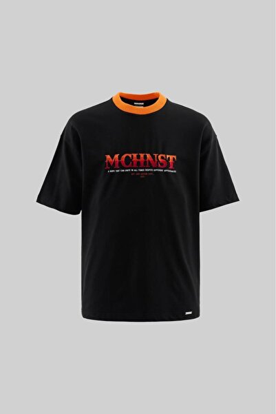Machinist Tricou oversize brodat cu degrade de culoare pentru bărbați, negru