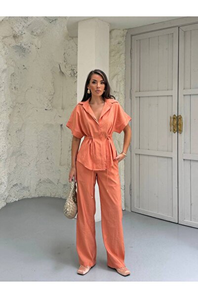 MADAME MELEK Premium Drawstring Waist Casual Shirt and Pants Two-Piece Set