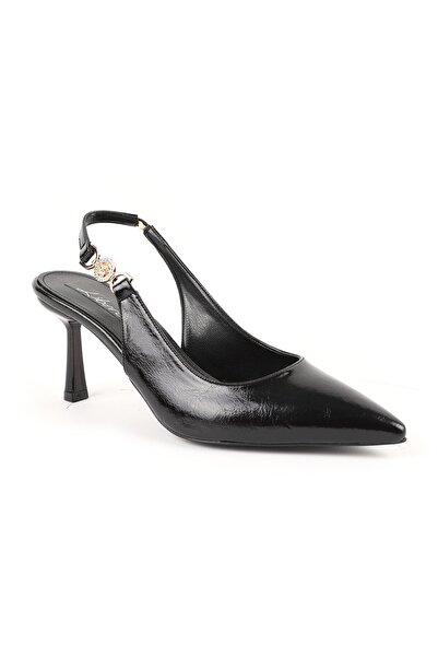 Libero Patent Leather Heeled Shoes Pointed Toe Stone Buckle Detailed Goblet H...