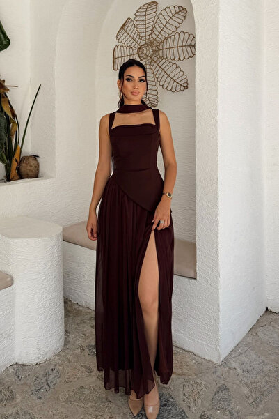 Sindimoda Özgün Kalın Askılı Etek Şifon Abiye 6076