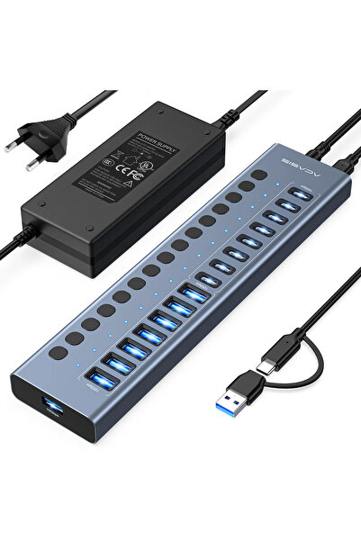 Acasis HB16 PRO 16 Port USB HUB, 8x USB-A, 8x USB-C, 10Gbps, 96W Adaptörlü AC...