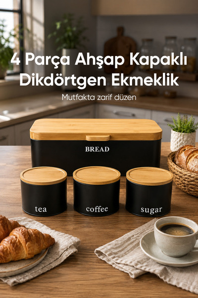 Vienev Rectangular Metal Bread Box with Wooden Lid and Set of 3 Round Tea, Co...