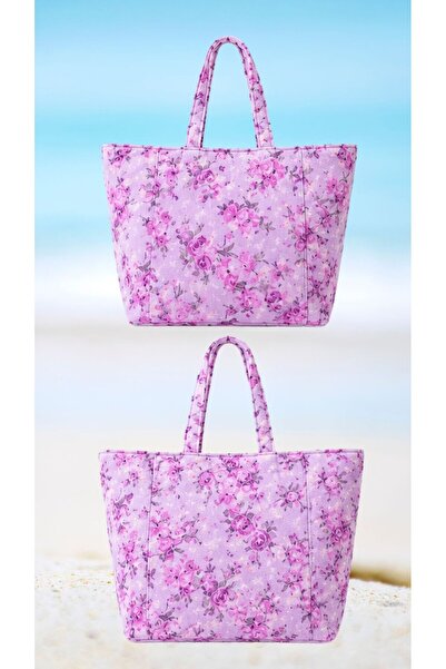 Asva Home Lilac Floral Patterned Towel Fabric Beach Bag 55X35 cm Waterproof L...