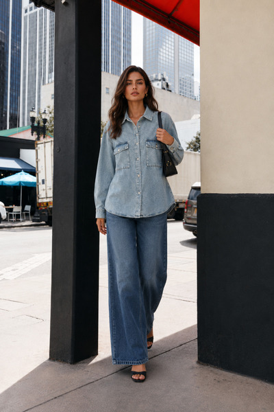 Safari Kadın Oversize Kot Gömlek Çift Cepli Kapaklı Denim Gömlek Uzun Kollu