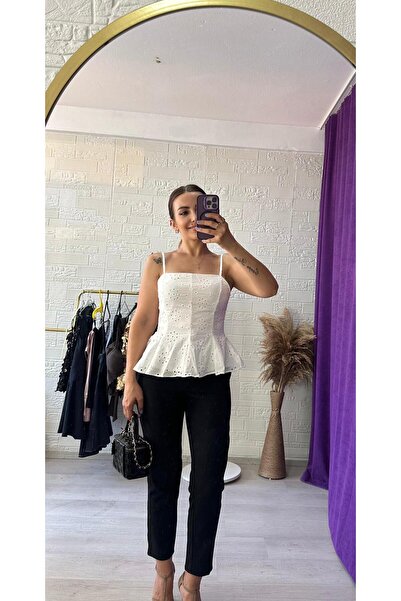 Derya Akyol Kadın Beyaz İp Askılı Fisto Brode Peplum Bluz