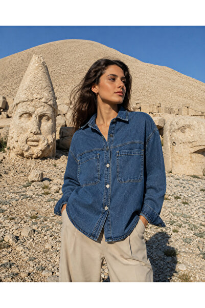 Safari Kadın Oversize Kot Gömlek Çift Cepli Bölmeli Denim Gömlek Uzun Kollu