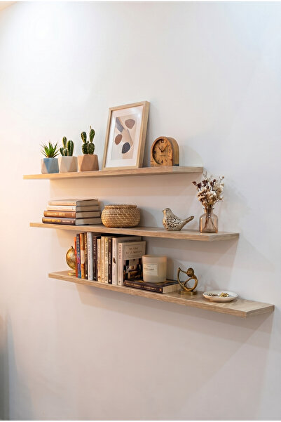 Enarts Premium MDF Raf Gizli Montajlı Meşe Renk Uçan Raf 15x100 cm 3 Adet Çok...