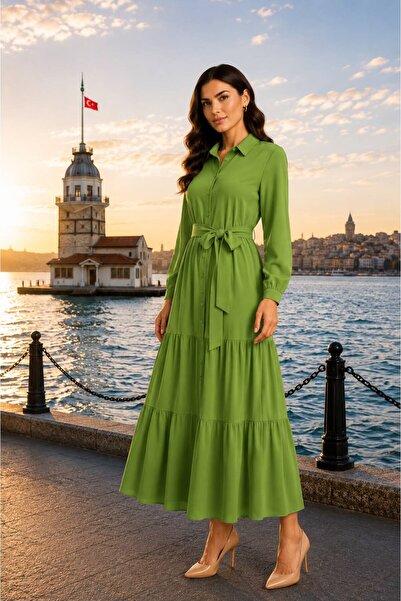 PAYİNİ Shirt Dress with Belt Maxi Length Long Sleeved Dress