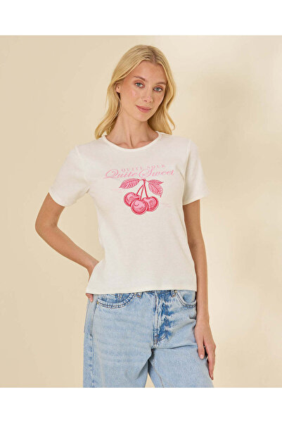 REDTAG Women's Ivory Cherry Graphic Print Rib T-Shirt