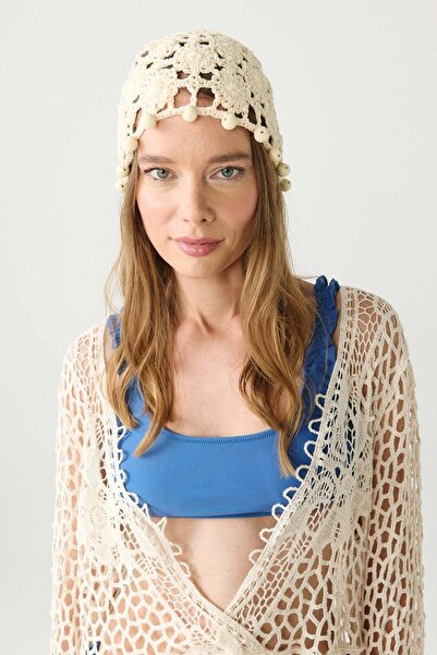 C&City Bead Detailed Summer Knitted Beanie Y8237 Cream