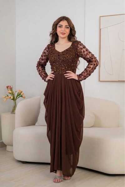 MNCENTER Luxury Chocolate Brown Evening Dress with Sequin Embroidery and Flow...