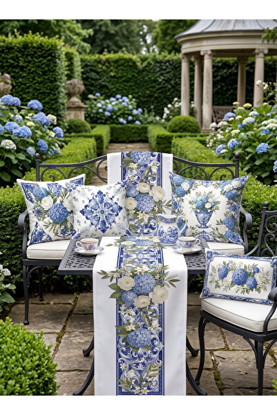 MUN HOME Villa Azzurra Floral Pattern Navy Blue White Beige 4 Throw Pillow Co...