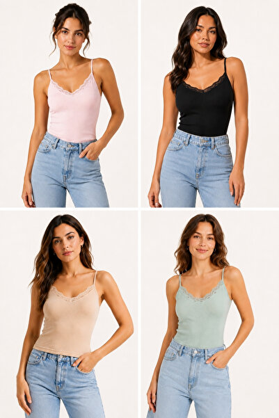 fevien 4-Pack Women's Cotton Thin Strap Lace Detailed Crew Neck Ribbed Flexib...