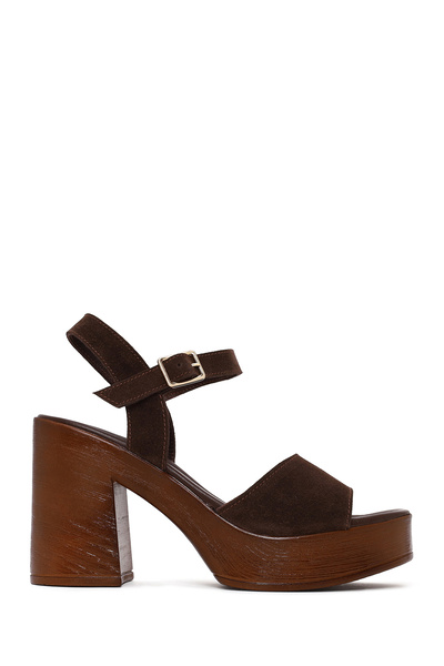 Derimod Women's Brown Buckle Platform Thick Heeled Suede Leather Sandals 26Sf...