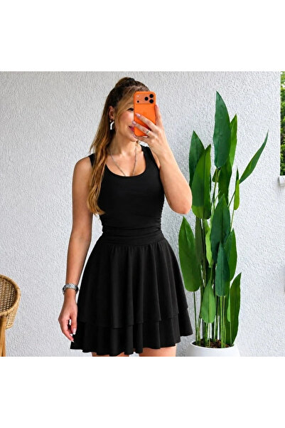 USLUCAN ALIŞVERİŞ Women's Strappy Round Neck Ruffled Short Sandy Dress