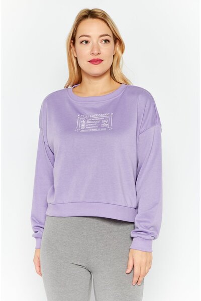 Sinsay Women Ribbed Collar Printed Long Sleeve Sweatshirts, Purple