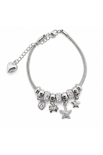 AXXION Women's Charm Bracelet Silver Color Steel Heart Star Figured Stone Bra...
