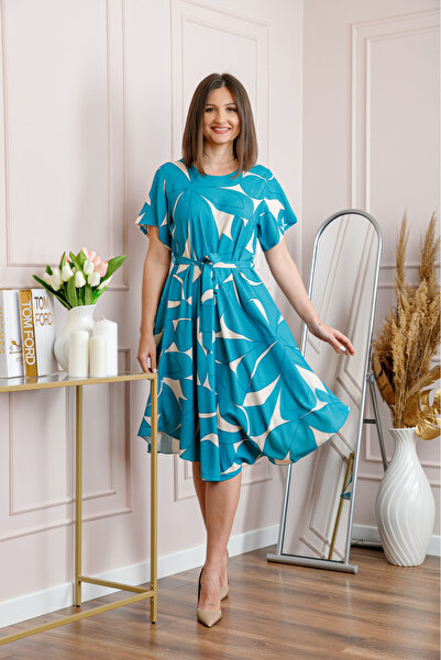 OEM Rochie dama turcoaz Avery cu imprimeu floral si cordon in talie