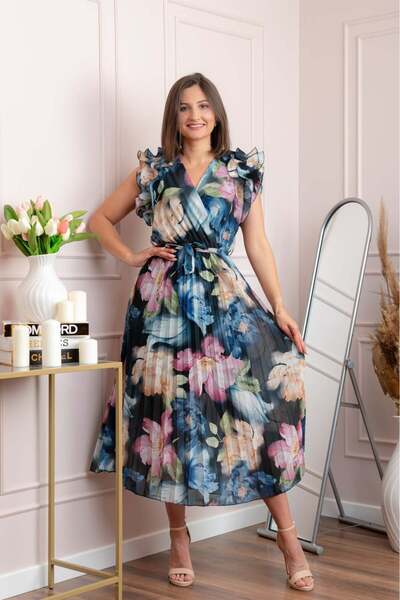 OEM Rochie eleganta plisata Cindy cu imprimeu floral si volane la umeri - Ble...