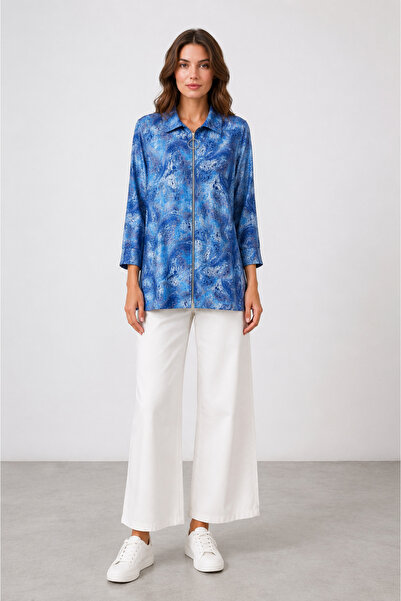 bihan store Women's Zippered Stone Detailed Shirt - 26-1157 - Blue