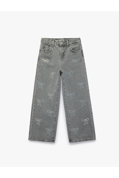 Koton Pantaloni din denim cu picior larg din bumbac, cu detaliu brodat cu fundă