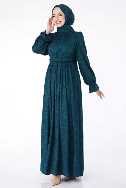 TOFİSA Plain Medium Women's Green Glittered Belt Evening Dress - 25058