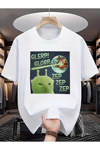 NOURAM تي شيرت بتصميم مضحك "Glerp Glorp Meme" مطبوع عليه قطة فضائية تدمر الأر...