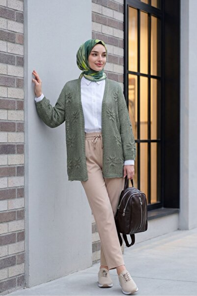 Modamorfo Floral Detailed Openwork Knitted Knitwear Cardigan -Khaki