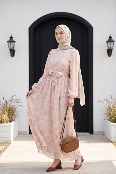 Modamorfo Belted Balloon Sleeve Lined Tulle Voile Dress -Beige