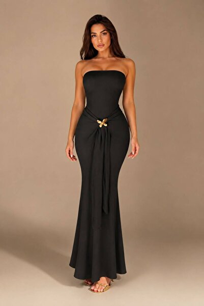 Rora Strapless Gold Accessory Detailed Fish Tail Evening Dress