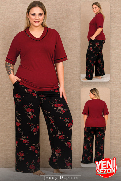 Jenny Daphne Plus Size Viscose Pajama Set Burgundy Floral Patterned Relaxed C...