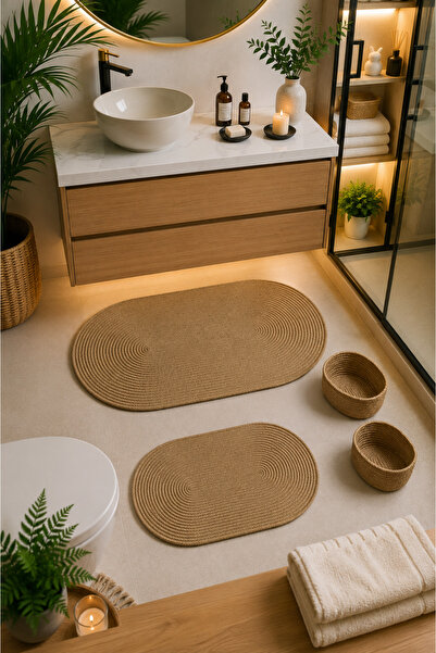 SANRUGS Home & Living Jute Braided and Washable 4-Piece Bathroom Mat and Bask...