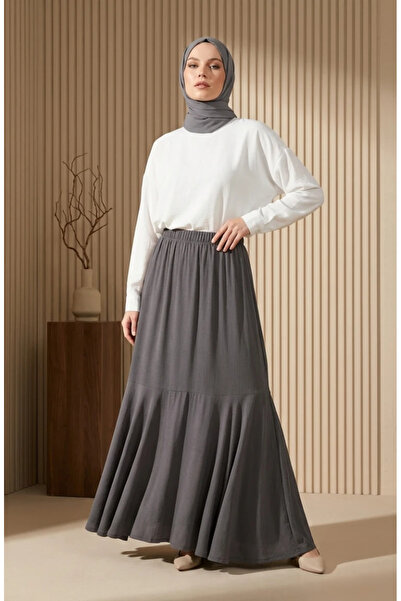 sefamerve Bürümcük Fabric Elastic Waist Gathered Skirt 0561-05 Anthracite
