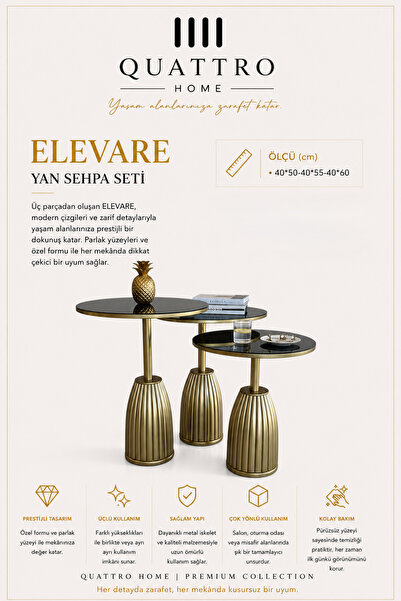 QUATTRO HOME Elevare Yuvarlak Üçlü Yan Sehpa Seti Gold Metal Siyah Parlak Yüz...