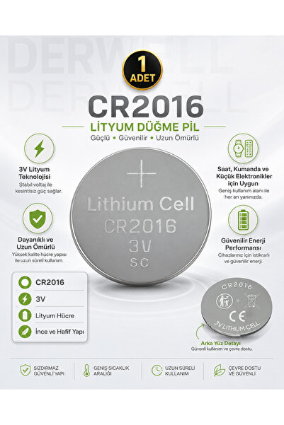 Derwell 1 Adet CR2016 Lityum Düğme Pil 3V 5 Yıl Raf Ömürlü Yüksek Performansl...